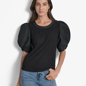 DKNY Faux Leather Short Sleeve Mixed Media Knit Pullover Top Round Neck NWT S